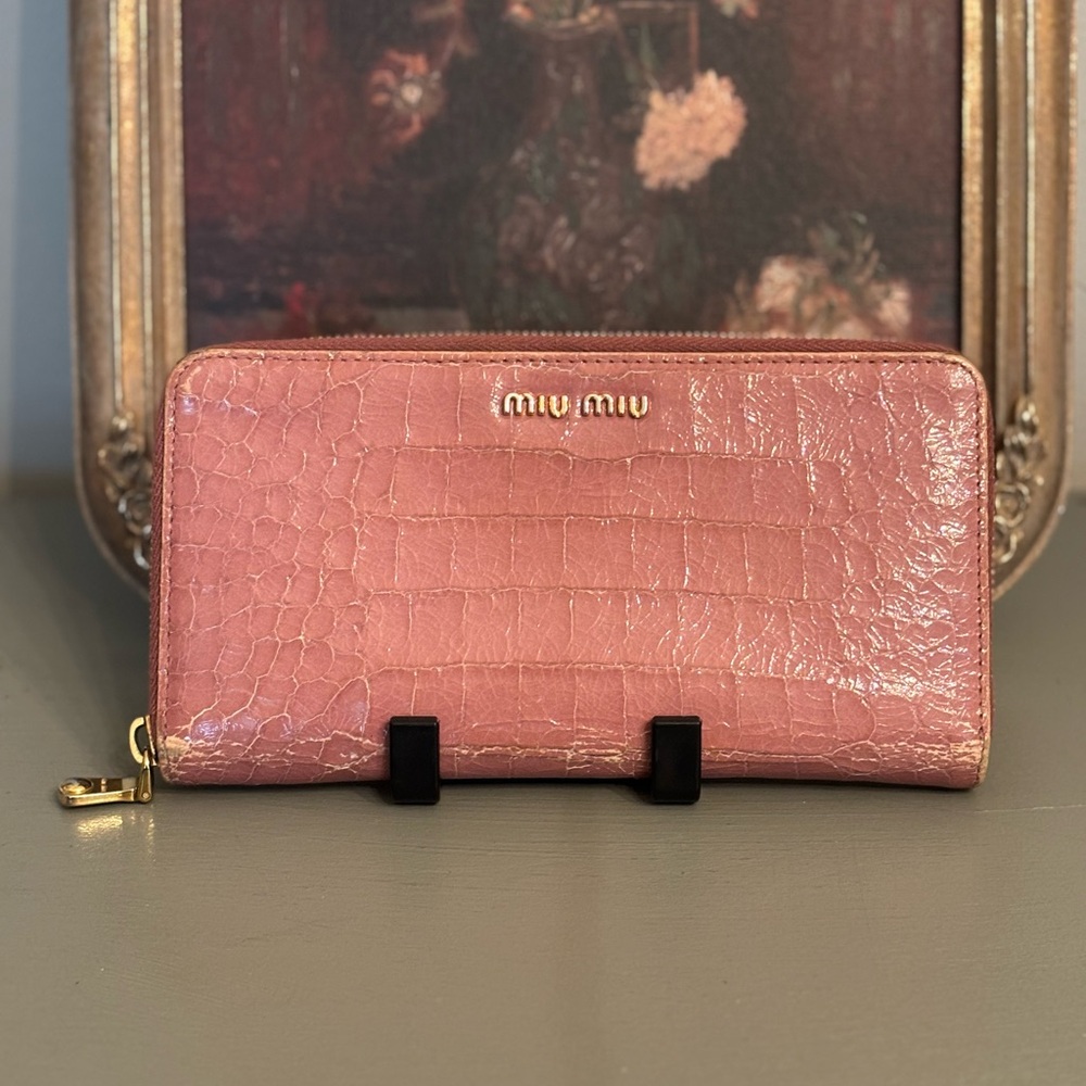 Miu Miu Rose Pink Croc-Embossed Zip-Around Wallet